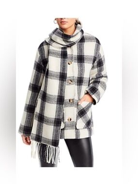 Aqua by Bloomingdales Plaid Black&White Women's Jacket with removable scarf XS